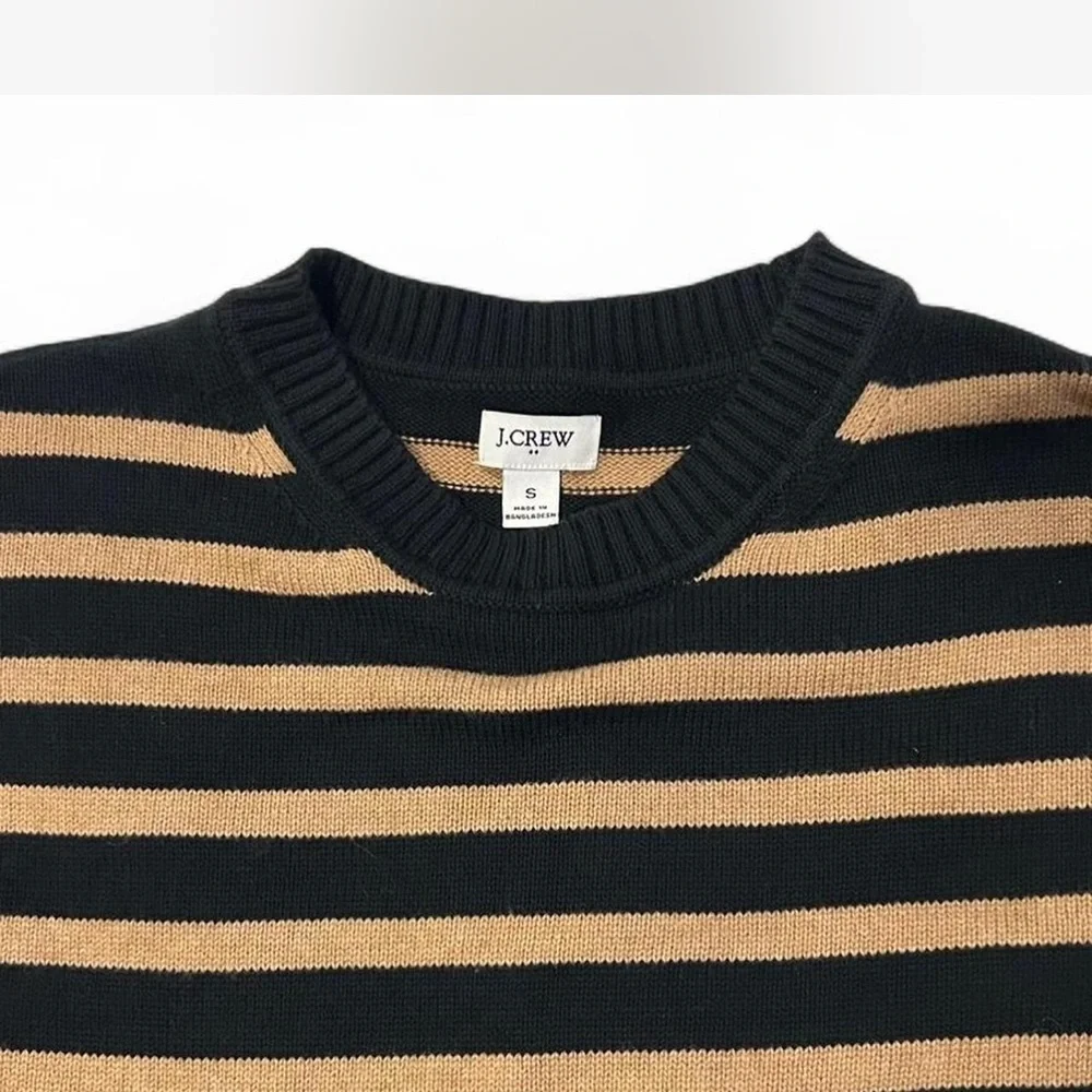 |J.Crew| Black Tan Striped Crewneck Relaxed Sweater 100% Cotton Woman's Small